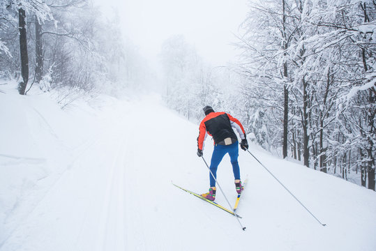 Professional nordic skier in winter white nature