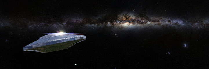 UFO, alien spaceship in outer space, flying saucer in front of the Milky Way galaxy © dottedyeti