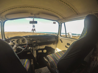 Ocean waves from inside an old hippy van