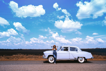 girl and retro car