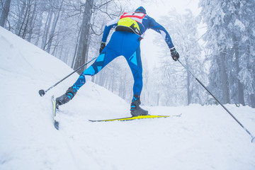 A man cross-country skiing in front of winter landscape - obrazy, fototapety, plakaty
