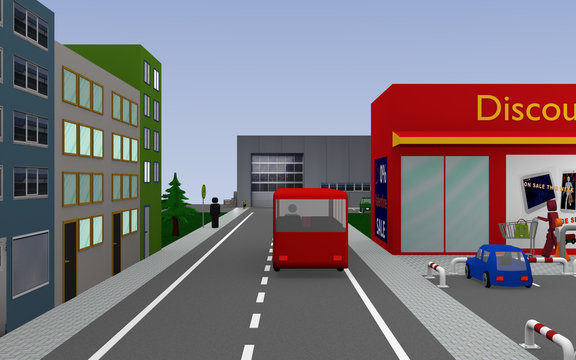 Stadtansicht mit Bushaltestelle und Bus, Firmenhalle und Häusern. 3d render