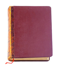 Vintage closed brown book with red bookmark isolated on a white background