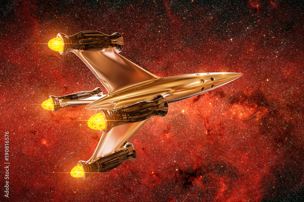 Wall mural spaceship in front of the stars and nebula of the galaxy, rocket in deep space
