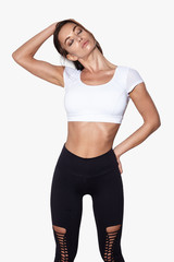 attractive fitness woman, sexy trained female body, lifestyle portrait, caucasian model,  does the exercises