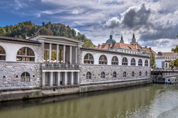 Fototapeta na wymiar Cityscape view on Ljubljanica river