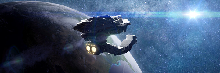 huge spaceship in orbit of planet Earth, spacecraft in outer space  © dottedyeti