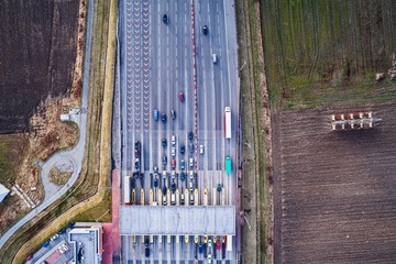 Aerial drone view on toll collection point