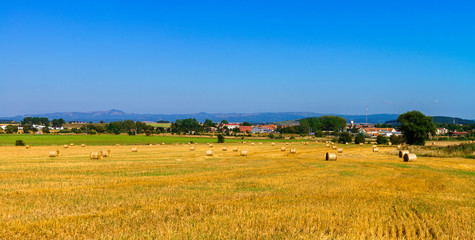 Fototapeta premium Hay on the field in summer sunset with mountains background 