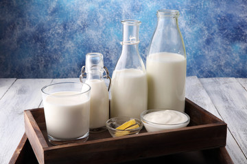milk products. tasty healthy dairy products on a table on. sour cream in a bowl, cottage cheese bowl, cream in a a bank and milk jar, glass bottle and in a glass