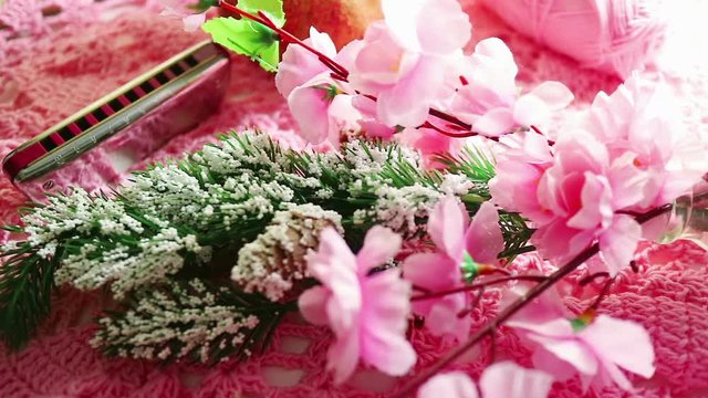 Hobby and lifestyle: Crochet, making artificial flowers and decorations, and music. Knitted pink cloth, balls of thread, a set of hooks, tree branch. Harmonica and cherry blossoms. Pan with Dolly