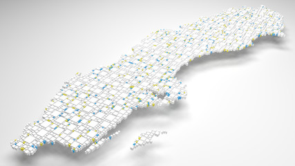Decorative map of Sweden - Europe | 3d Rendering, fall down of little bricks - White and Flag colors