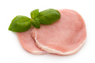 Fresh raw beef steak isolated on white background, top view.