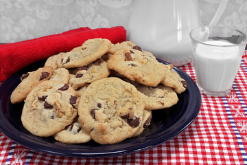 A batch of chocolate chip walnut cookies on a plate with a glass of milk.