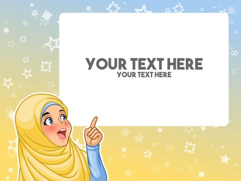 Muslim woman wearing headscarf hijab excited pointing finger up at blank copyspace cartoon character design, against blue yellow background, vector illustration.