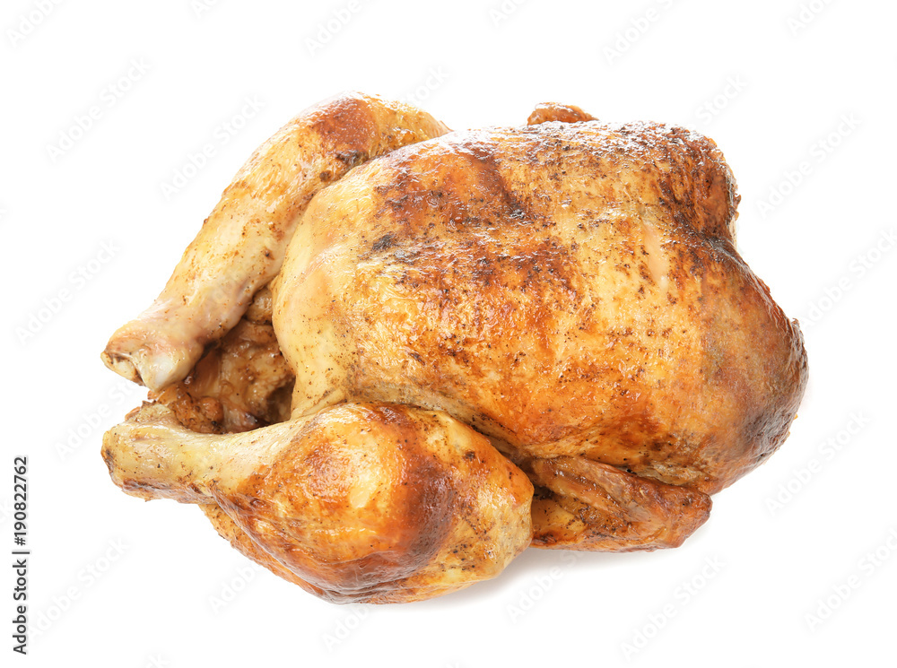 Sticker Delicious whole roasted chicken on white background