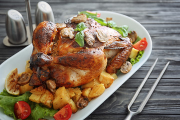 Delicious whole roasted chicken served on wooden table