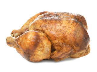 Delicious whole roasted chicken on white background