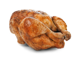 Delicious whole roasted chicken on white background