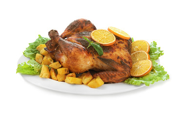 Plate with delicious whole roasted chicken on white background