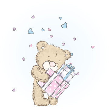 Cute bear and boxes with gifts. Vector illustration for a postcard or a poster. Clothes and accessories. Valentine's day, love.