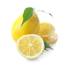 Fresh ripe lemons on white background