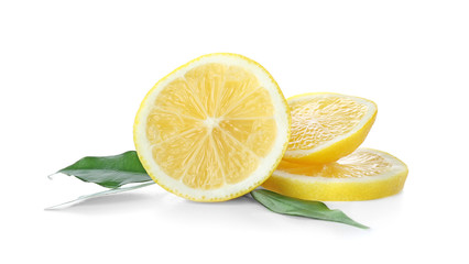 Slices of fresh ripe lemon on white background