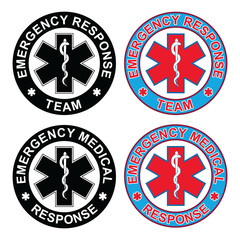 Obraz premium Emergency Medical Response Team is an illustration of an emergency response team emblem and an emergency medical response emblem. Each rescue symbol comes in both a black and white and color version.