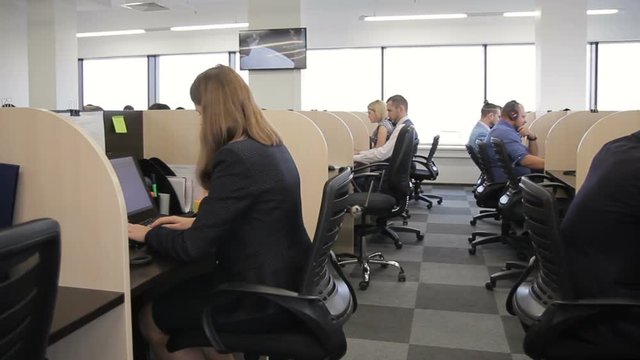 Work team works, sitting at tables with computers in large company. Men and women are engaged in working affairs, looking at PC screens, locating at individual workplaces separated by partitions