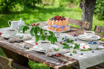 Obraz premium Słodki deser letni z malinami i jagodami w ogrodzie