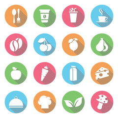 Food, coffee, juices, fruits, leaf, and vegetables set icon flat vector design