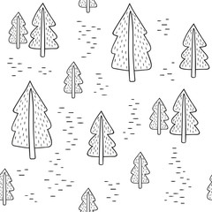 Seamless black and white pattern with fir-trees. Vector template suitable for wrapping paper, bedding,  print on clothes.