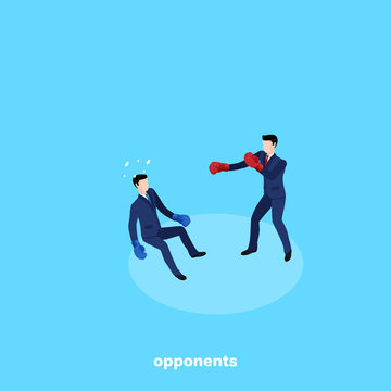 a man in a business suit and boxing gloves sent knockdown his opponent, an isometric image