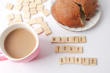 WHAT'S YOUR STORY CONCEPT: Morning simple breakfast with coffee , bread and empty wooden plate. Copy space