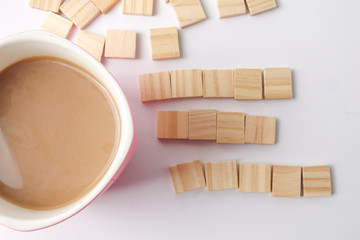 Morning simple breakfast with coffee , bread and empty wooden plate. Copy space