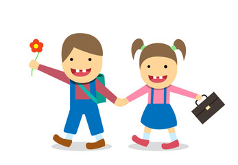 Down syndrome boy and girl go to school, vector