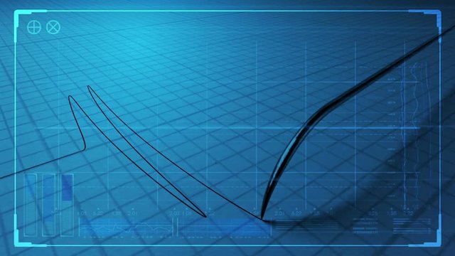A closeup of a polygraph lie detector test needle drawing a line on graph paper overlaid with a technical data analysis interface