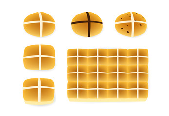 Set of Hot cross buns on white , Top view, vector