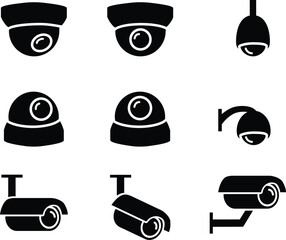 CCTV camera icons and symbol in silhouette, vector