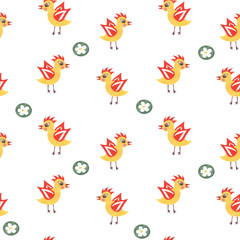 Hand paint watercolor seamless pattern with little chicken