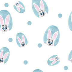 Hand paint watercolor seamless pattern with cute white bunny in the egg form