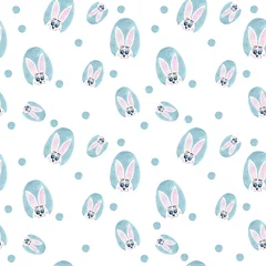 Gordijnen Handverf aquarel naadloos patroon met schattig wit konijntje in de eivorm © ellinanova