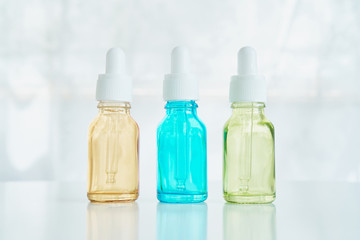 Ingredients of skin care products. the glass, Blank label package for mockup. The concept of natural beauty products.