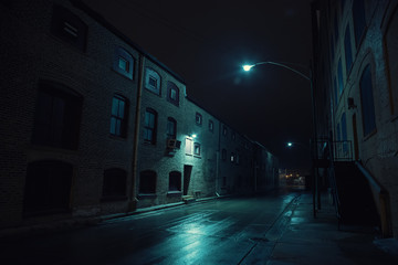 Dark urban city alley at night after a rain featuring vintage warehouses. - obrazy, fototapety, plakaty
