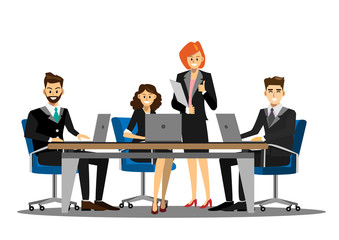 Team of successful business people having meeting in modern office, cartoon flat-style vector illustration.