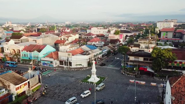 Drone view of Tugu monument area in Yogyakarta, Indonesia