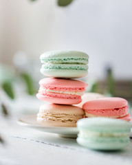 Colorful French or Italian macarons stack on white plate put on wood table with copy space for background. Dessert for served with afternoon tea or coffee break. Beautiful meal background with blank.