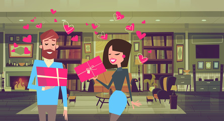 Man And Woman Holding Gift Boxes Over Heart Shapes Couple With Valentines Day Presents Vector Illustration