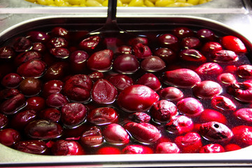 Closeup of different kind of olives sold in a vegetables market in Israel   