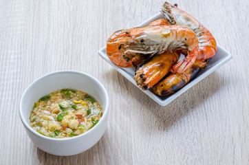 Thai style barbecue, grilled shrimp with seafood spicy dipping sauce